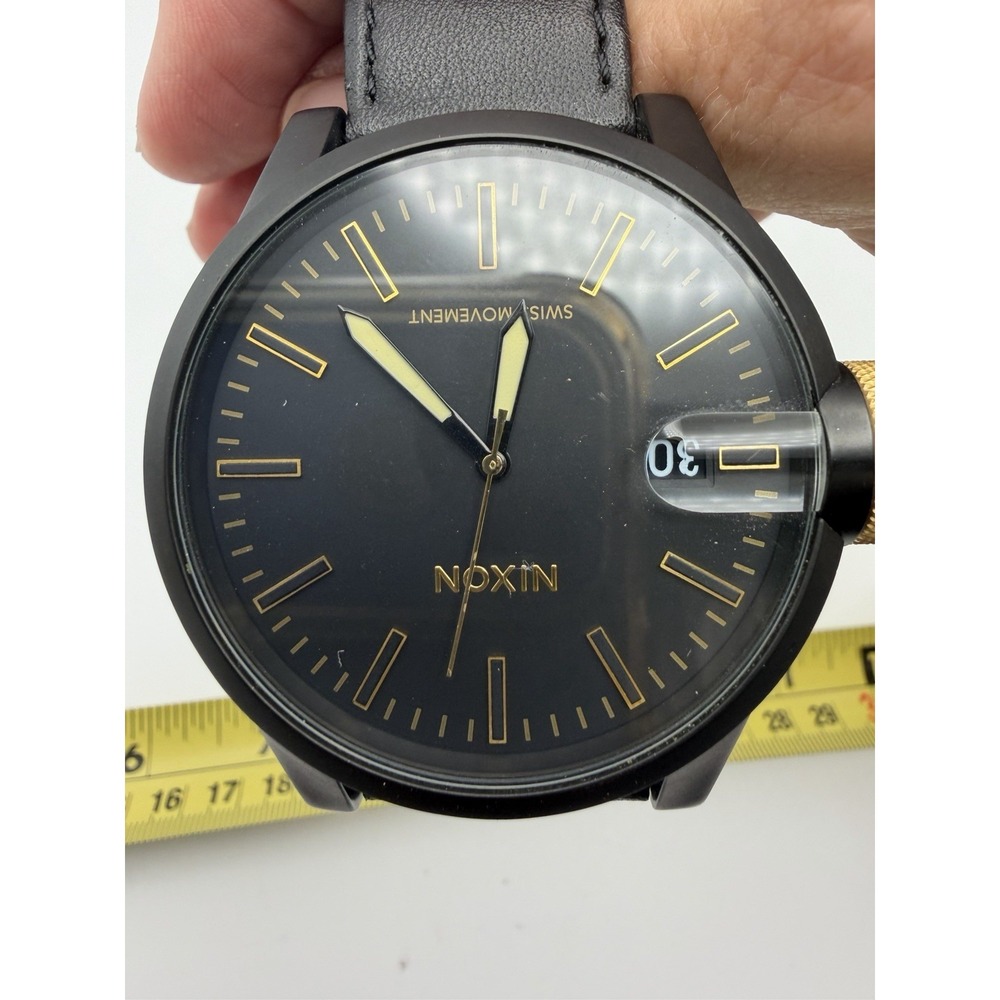 Nixon The Chronicle A127001 Magnified Date Black Men's Watch Leather Band